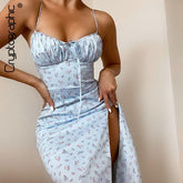 Cryptographic Fashion Floral Print Cottagecore Slpit Dress Women Elegant Club Party Fairy Sleeveless Backless Dresses Clothes